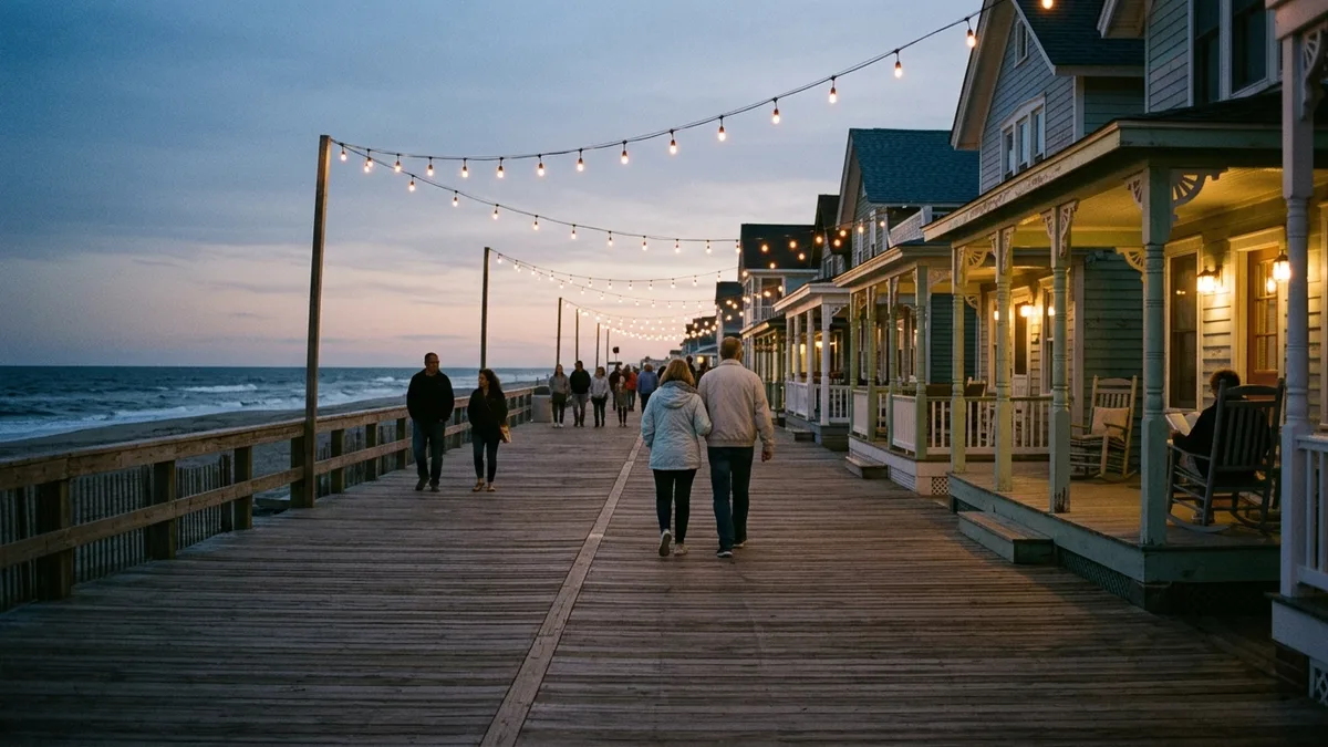 Where to stay in New Jersey: Ocean Grove Victorian boardwalk at dusk