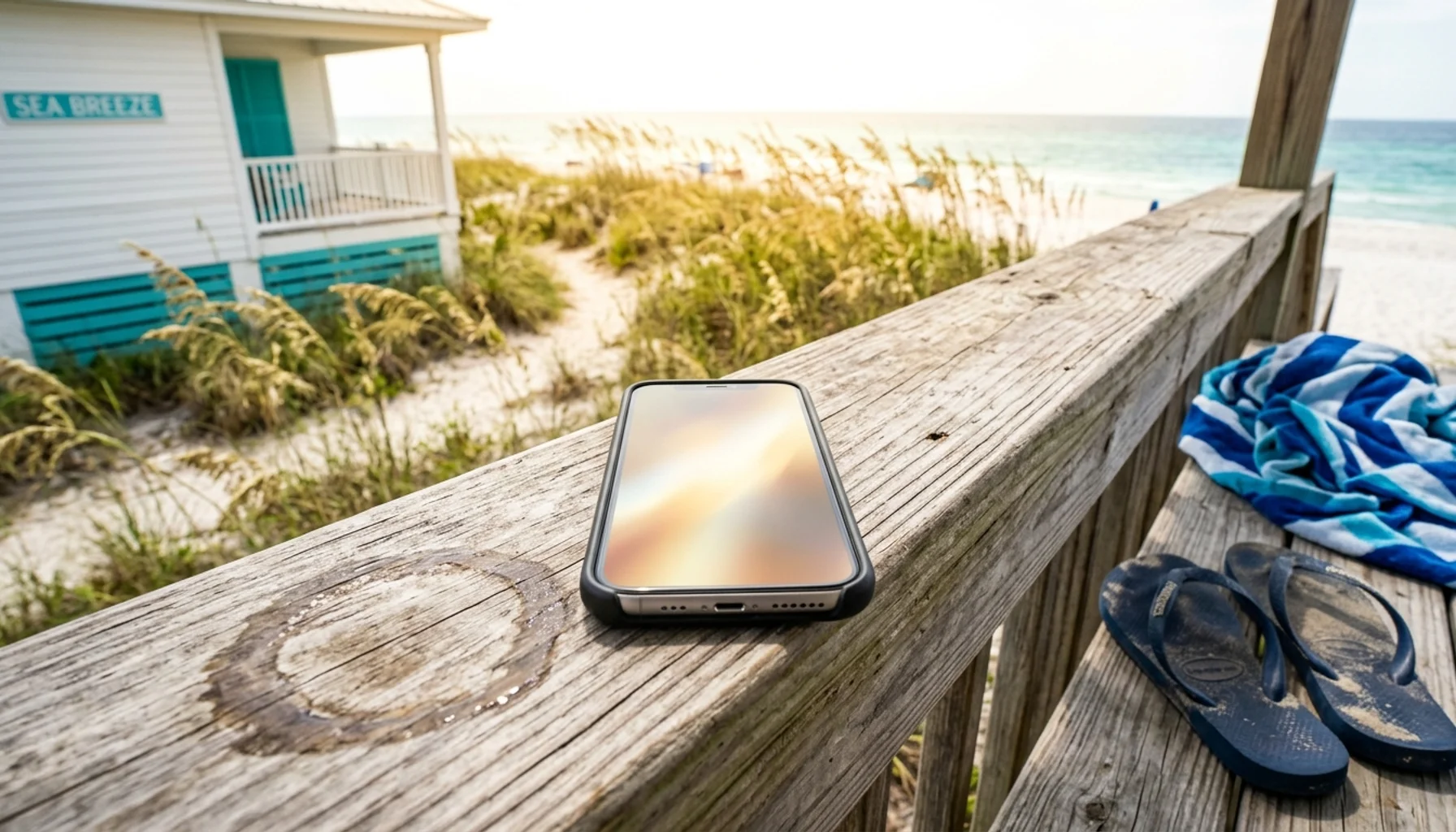 Smartphone on a beach cottage porch railing symbolizing how much you can make on Airbnb in Panama City Beach