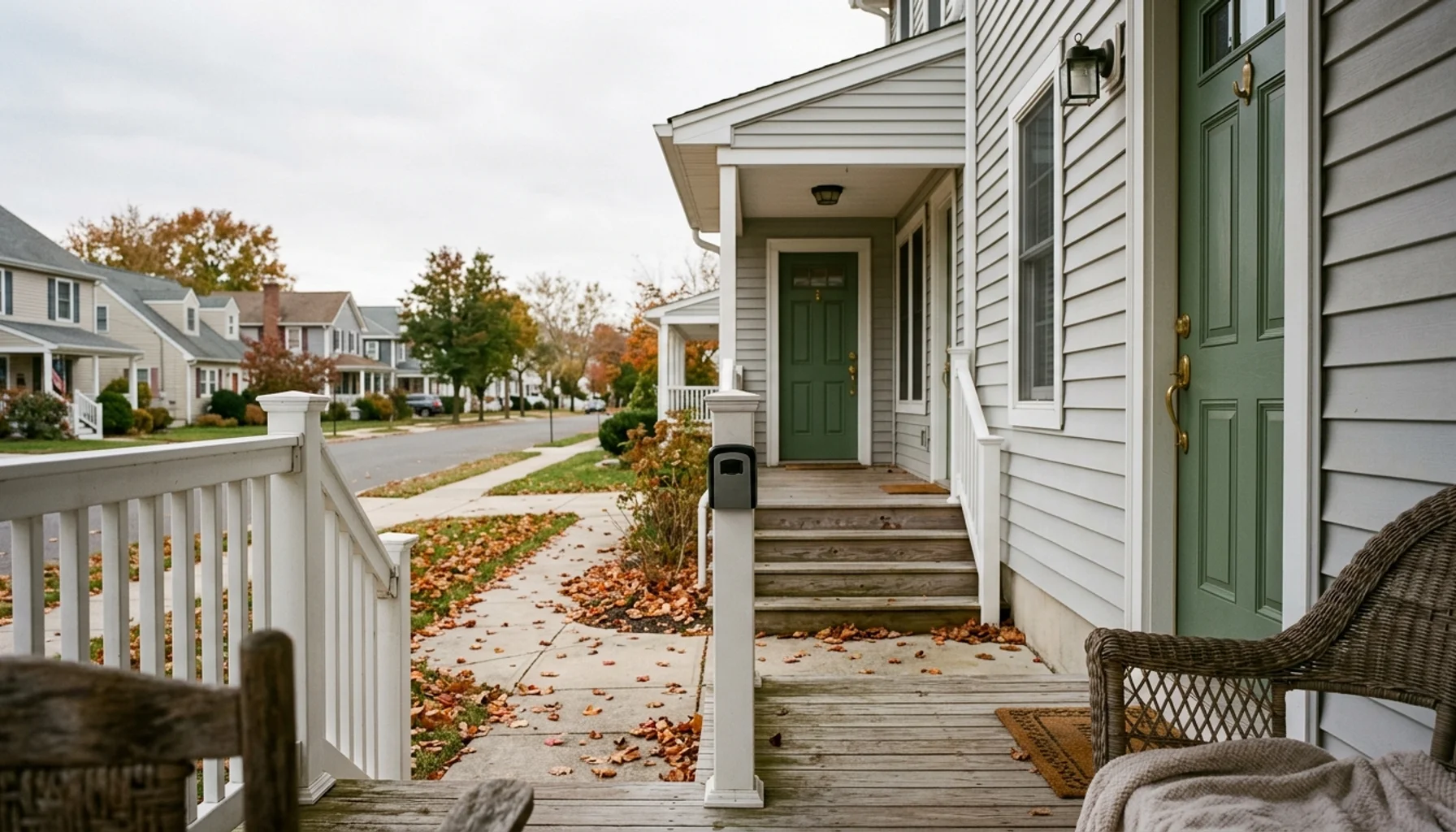 New Jersey property management rental home exterior with lockbox on porch railing