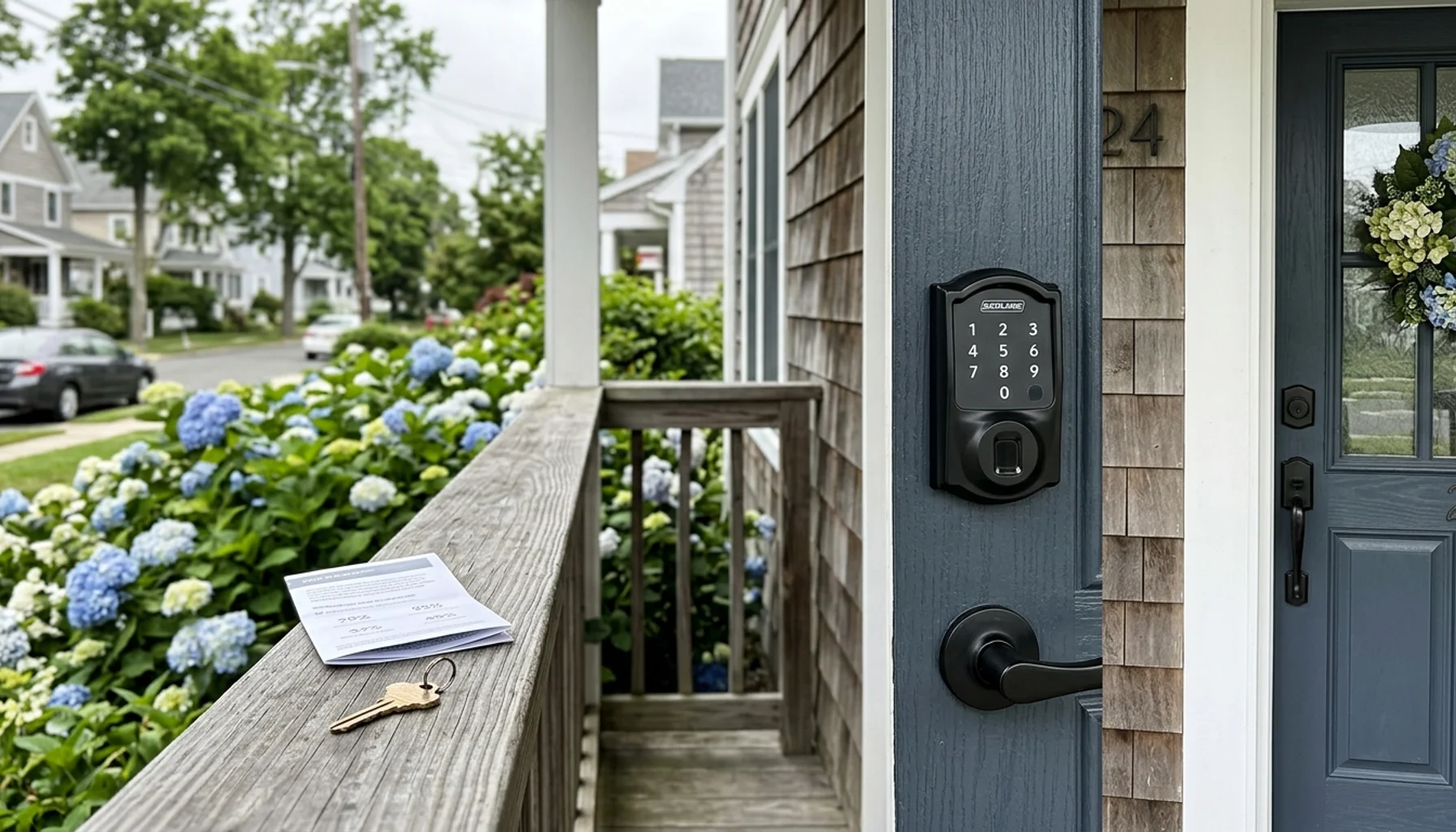 Smart lock keypad on a New Jersey rental door, symbolizing the should i hire a property manager decision