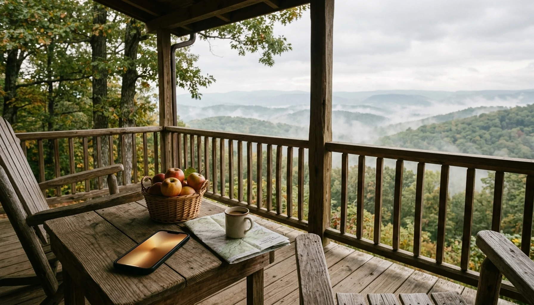 Cabin porch overlooking Shenandoah Valley hillsides, illustrating where to stay in Shenandoah Valley, VA