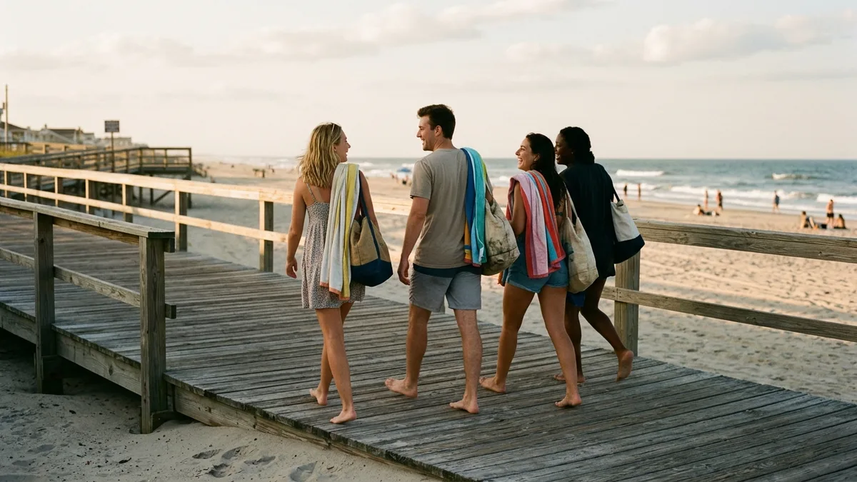Bachelorette beach house group walking to the boardwalk at sunset