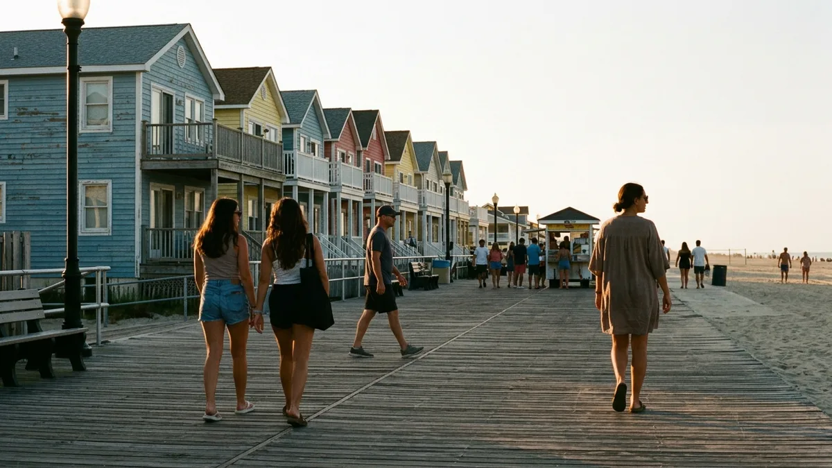 Jersey Shore boardwalk at golden hour, illustrating the best place to stay in New Jersey for beach access
