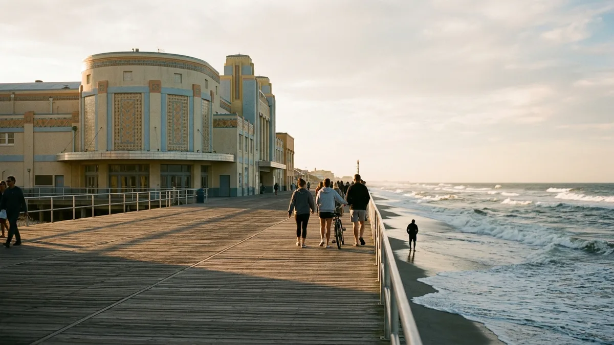 Asbury Park area guide boardwalk and Convention Hall at sunset