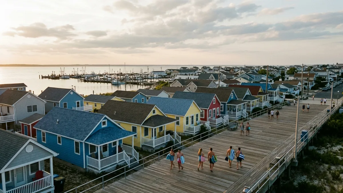 Belmar area guide aerial view of boardwalk and beach town