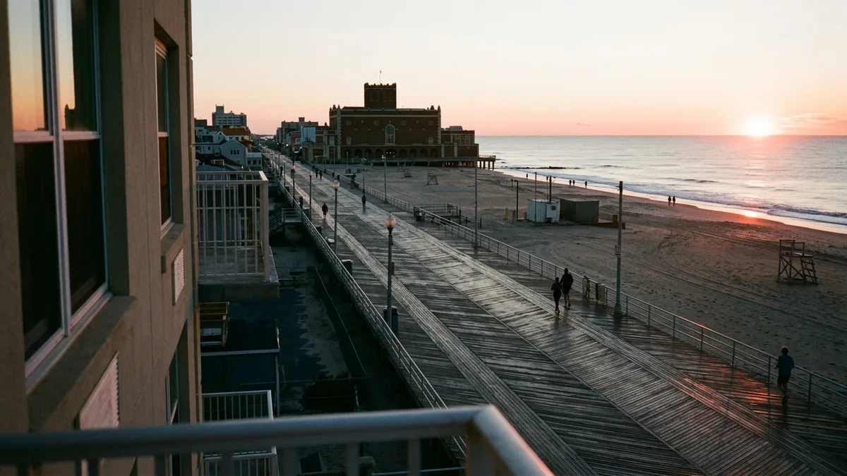 New Jersey area guide aerial view of Asbury Park boardwalk near Ocean Grove rentals