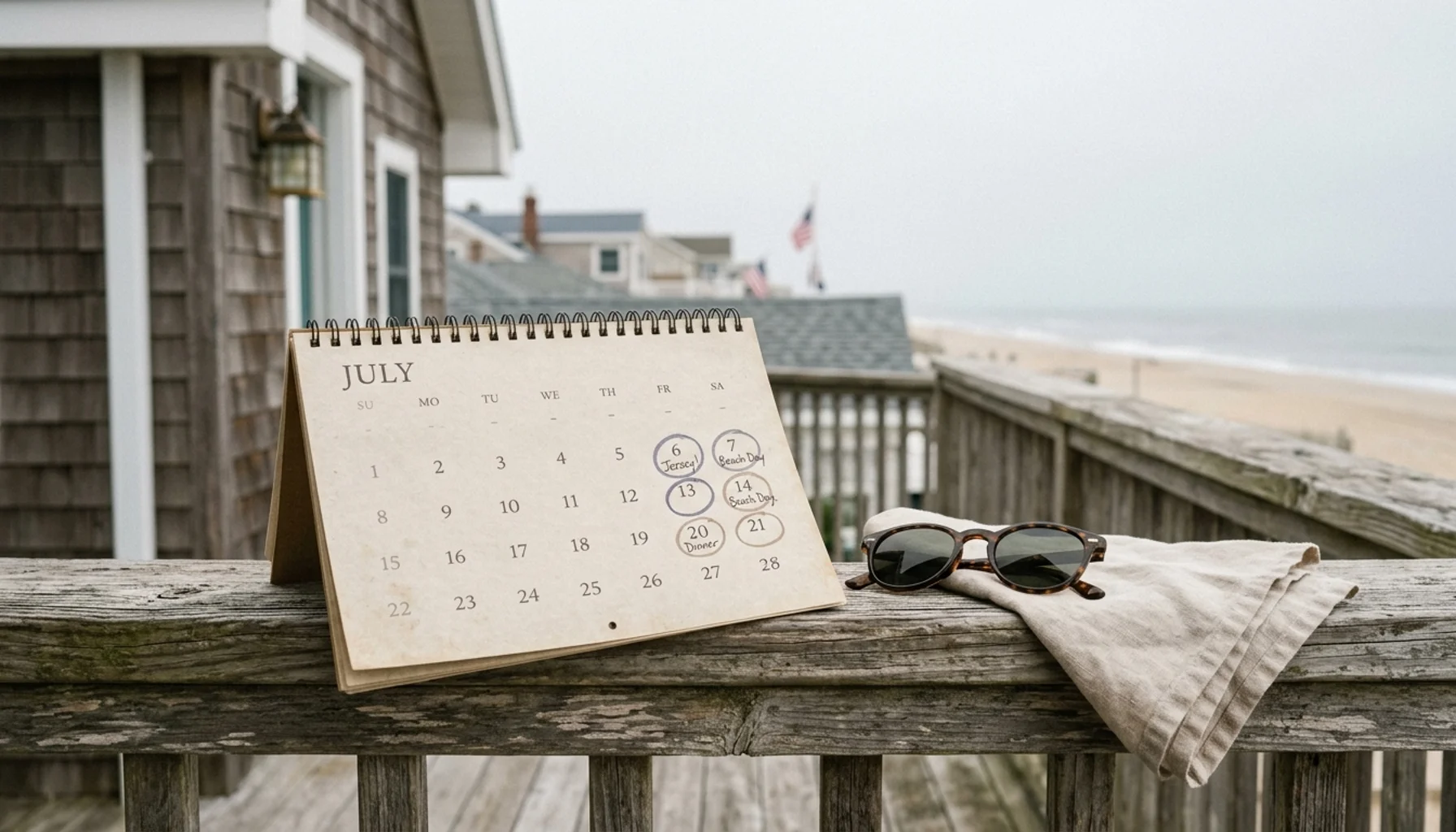 Wall calendar with circled summer dates on a Jersey Shore porch, symbolizing Asbury Park New Jersey vacation rentals booking season