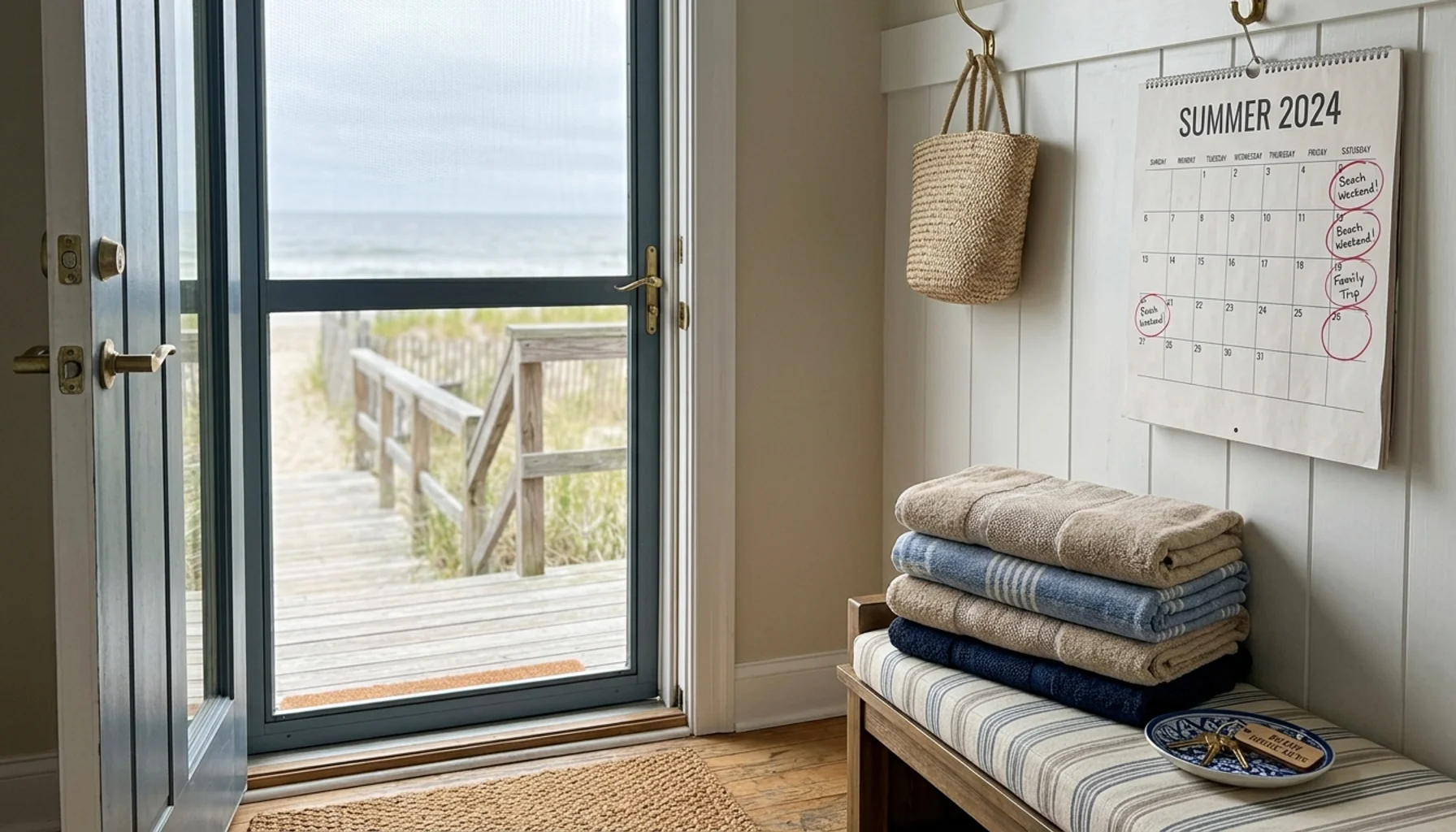 Wall calendar with circled summer dates and spare keys in a bachelorette beach house entryway
