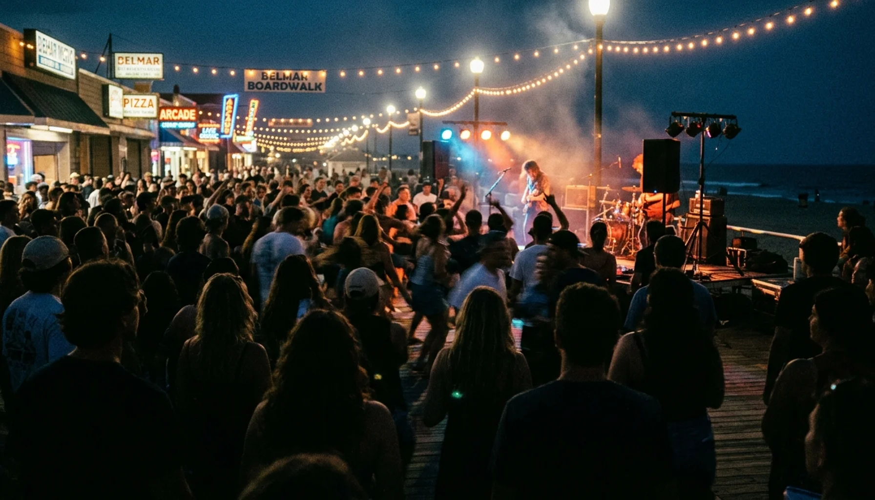 Crowd energy at a summer boardwalk event, part of the Belmar area guide for first-time visitors