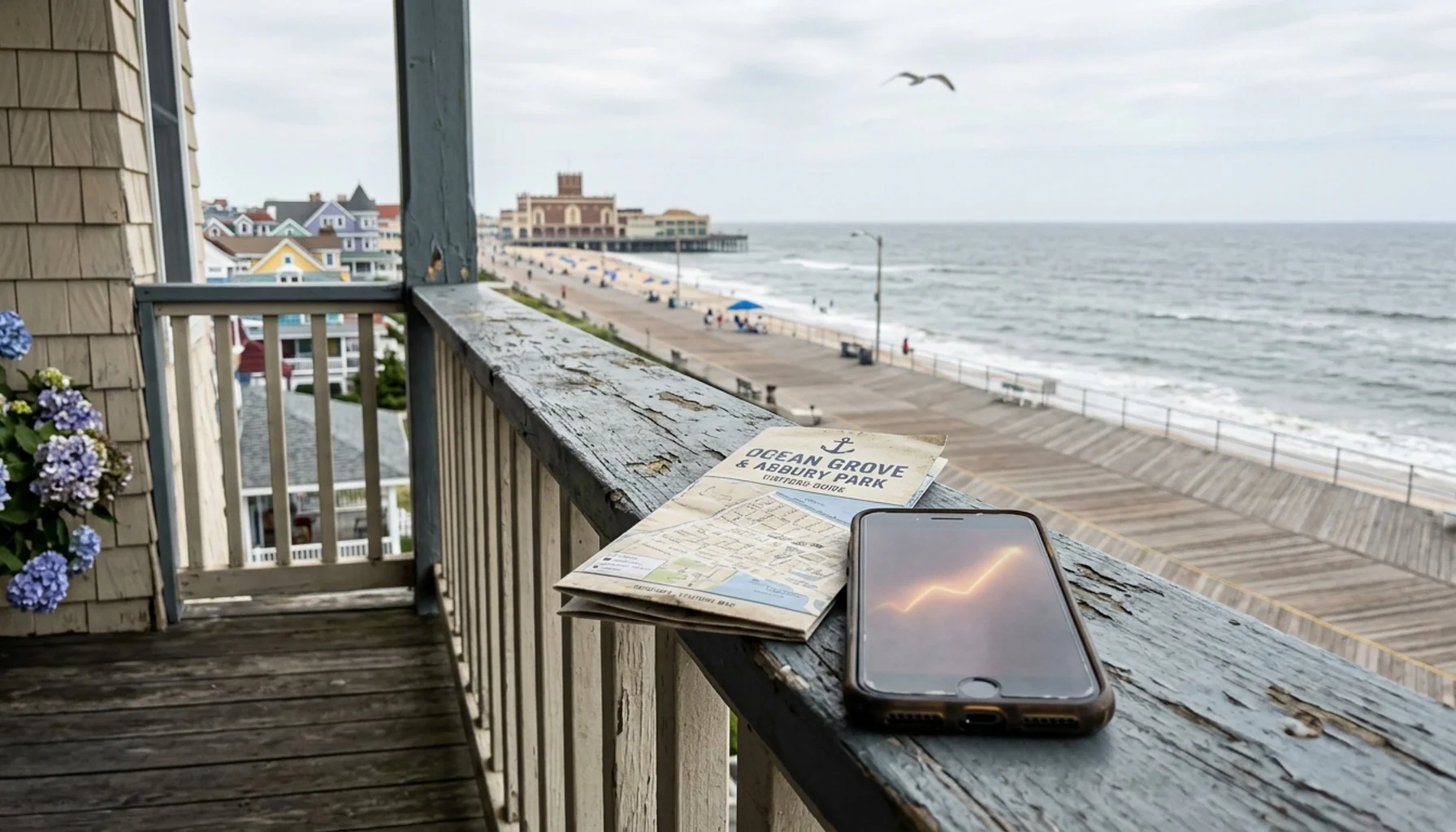 Porch overlooking the Asbury Park area guide boardwalk corridor near Ocean Grove rentals