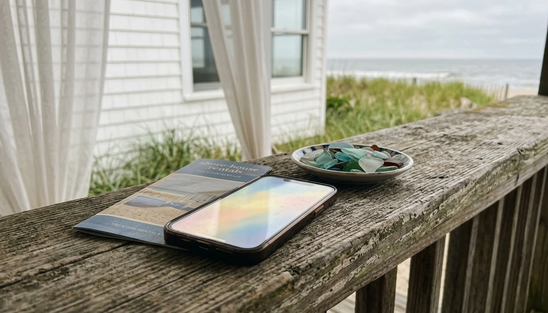 Smartphone with abstract growth glow on a Jersey shore porch railing, illustrating is a vacation rental worth it