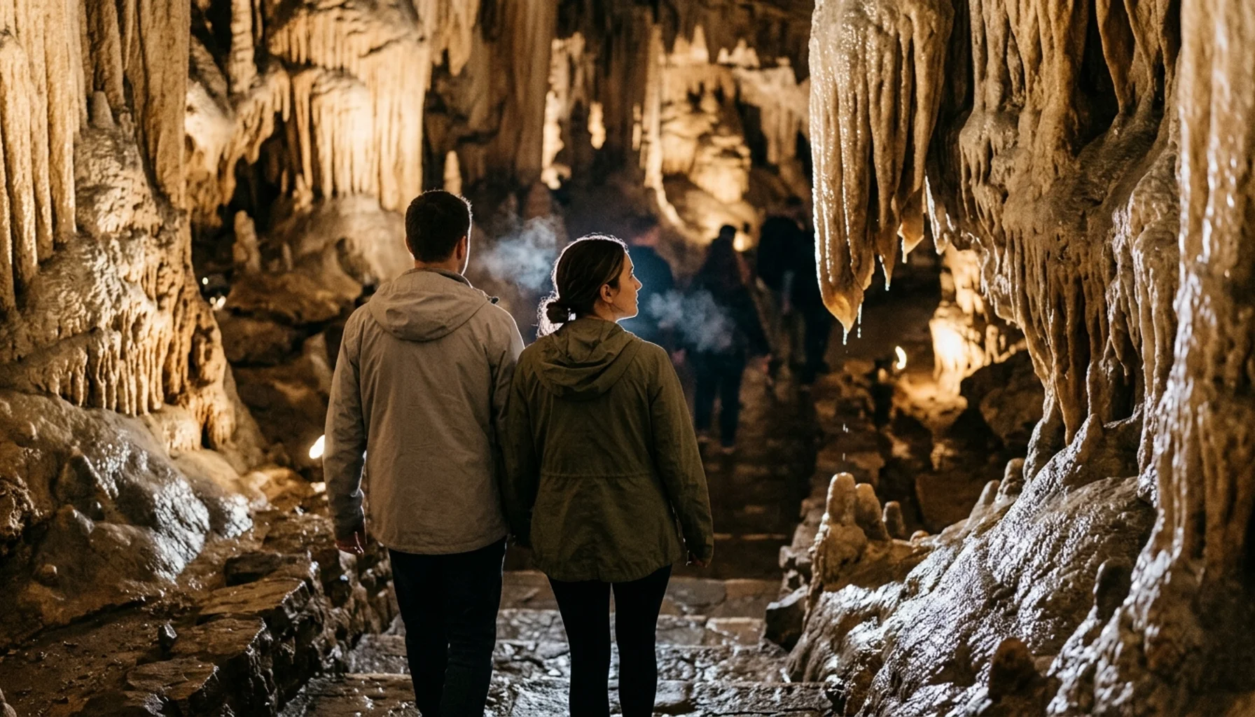 Visitors walking through the illuminated limestone passages of Luray Caverns in Virginia