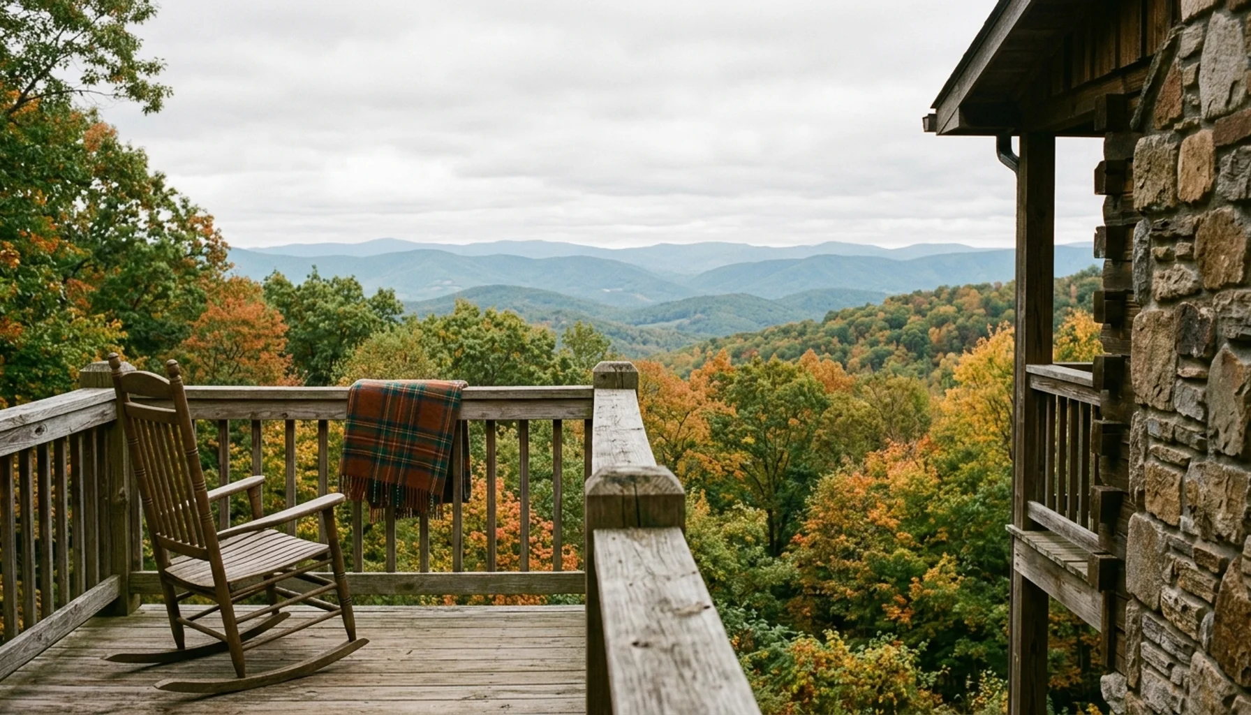Hillside cabin porch overlooking Shenandoah Valley ridgelines, representing property management shenandoah valley, va market