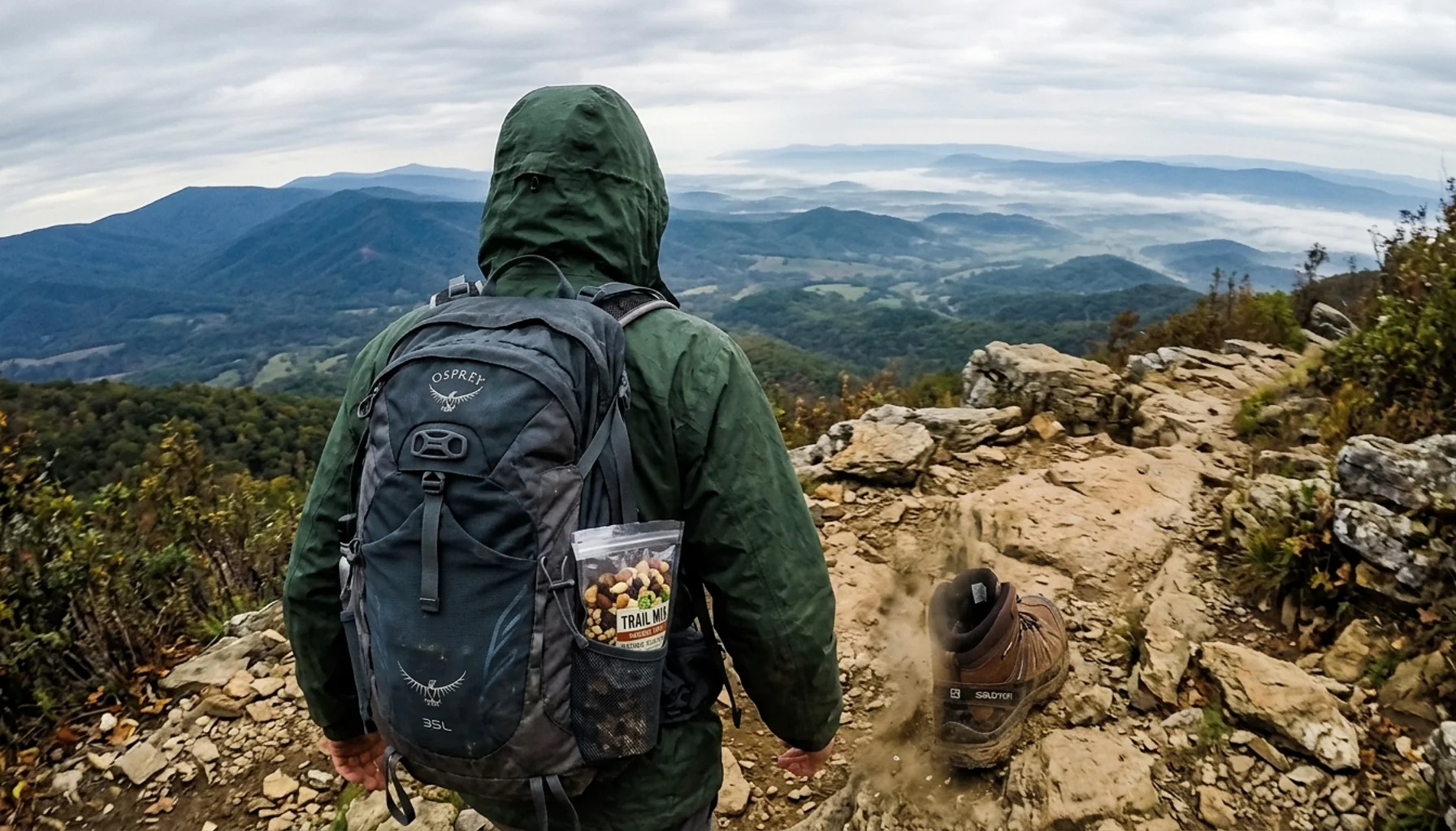 Hiker walking a ridgeline trail with sweeping mountain views on Shenandoah Valley hiking trails