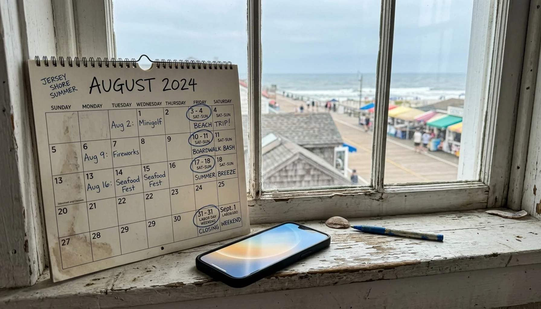 Calendar and phone on a Jersey Shore windowsill symbolizing top rated Airbnb Asbury Park booking trends