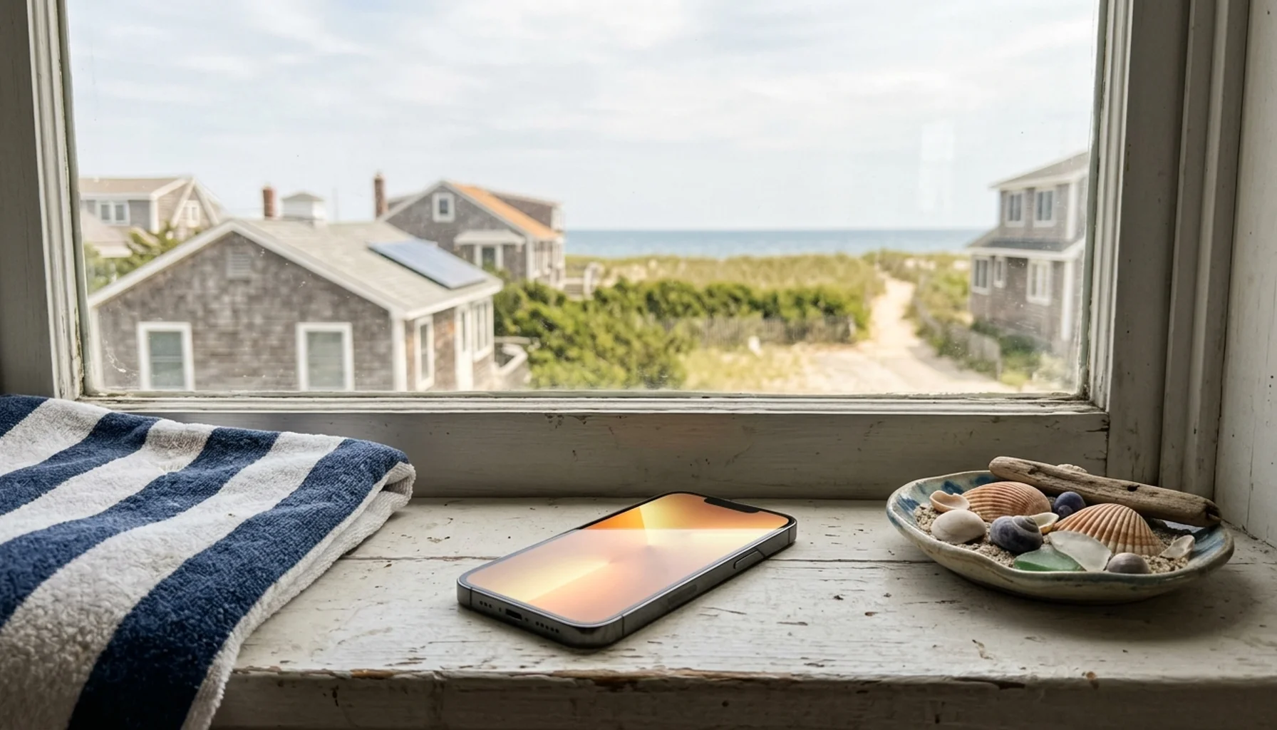 Smartphone with revenue glow on a windowsill overlooking Long Beach Island, NJ beach cottages and dunes