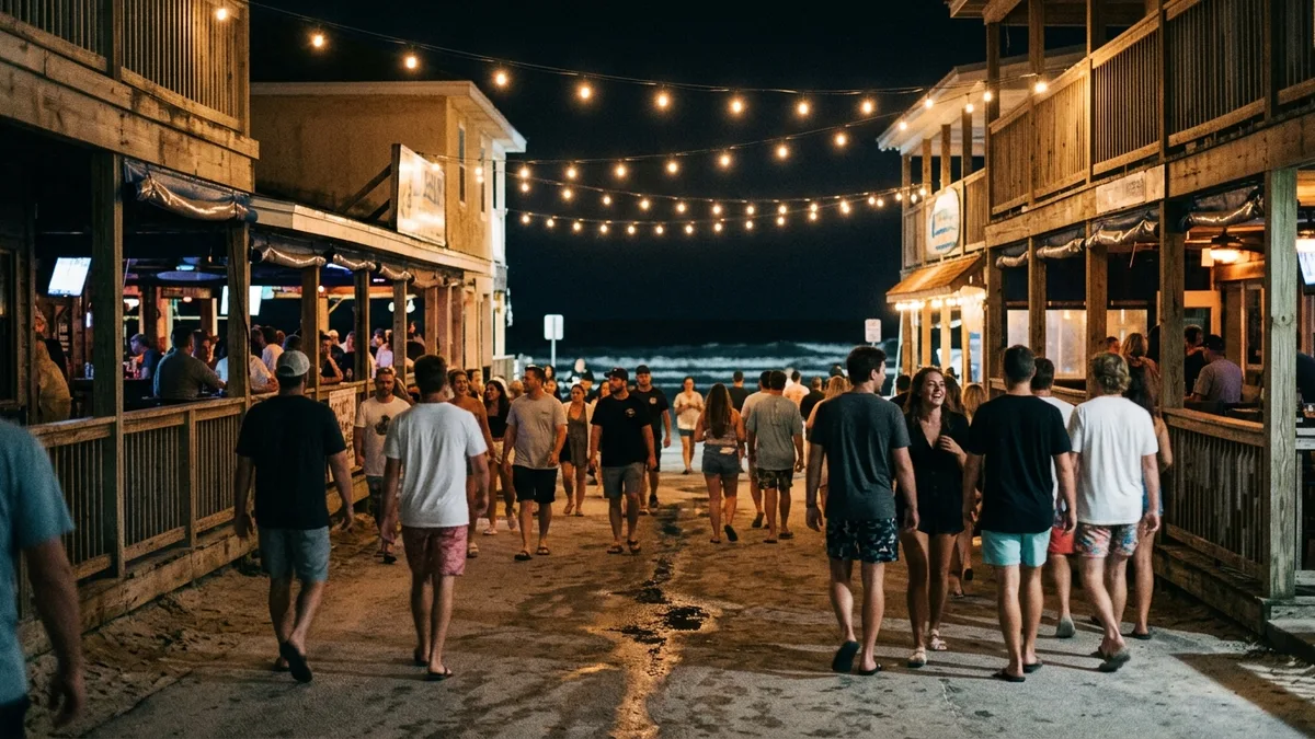 boardwalk crowd walking between Belmar nightlife venues at night