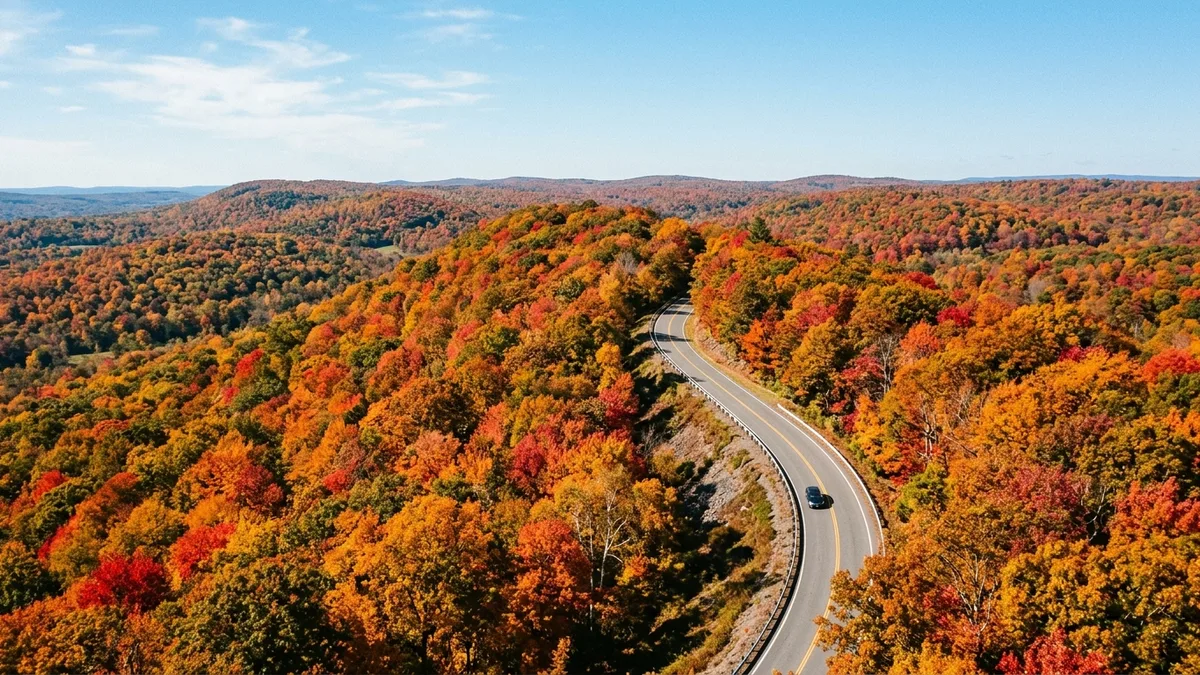 New Jersey fall foliage scenic route aerial view of peak color