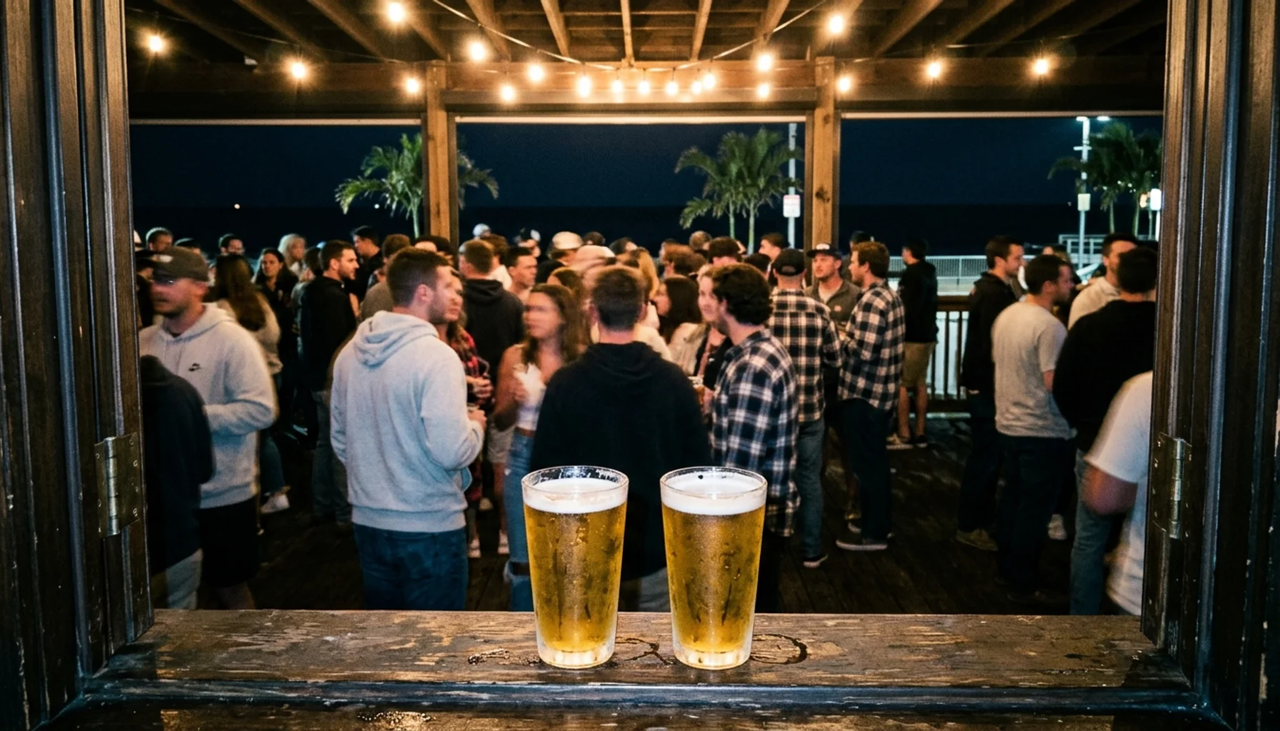 Crowded bar terrace capturing the energy of Belmar nightlife near the boardwalk in New Jersey