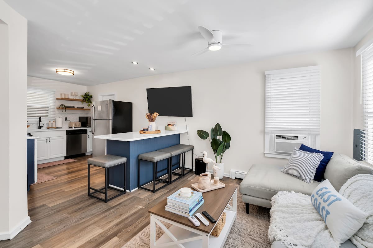 Bright living room and kitchen at the Embury Hideaway in Ocean Grove, NJ