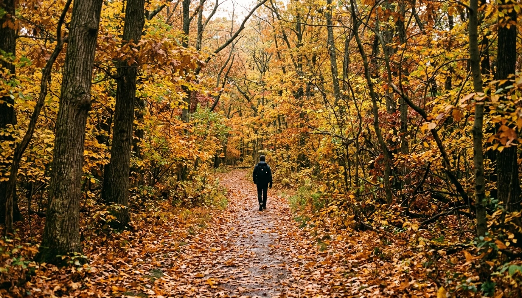 Hiker walking a New Jersey fall foliage trail in Monmouth County with red, orange, and yellow trees