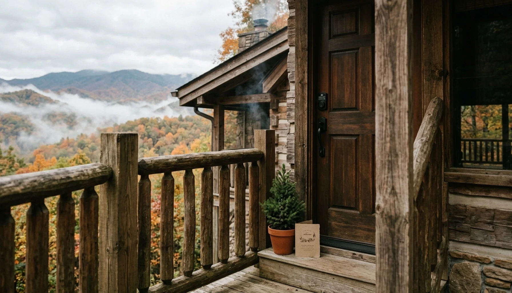 Smart lock keypad on a professionally managed cabin door in Pigeon Forge, Tennessee mountains