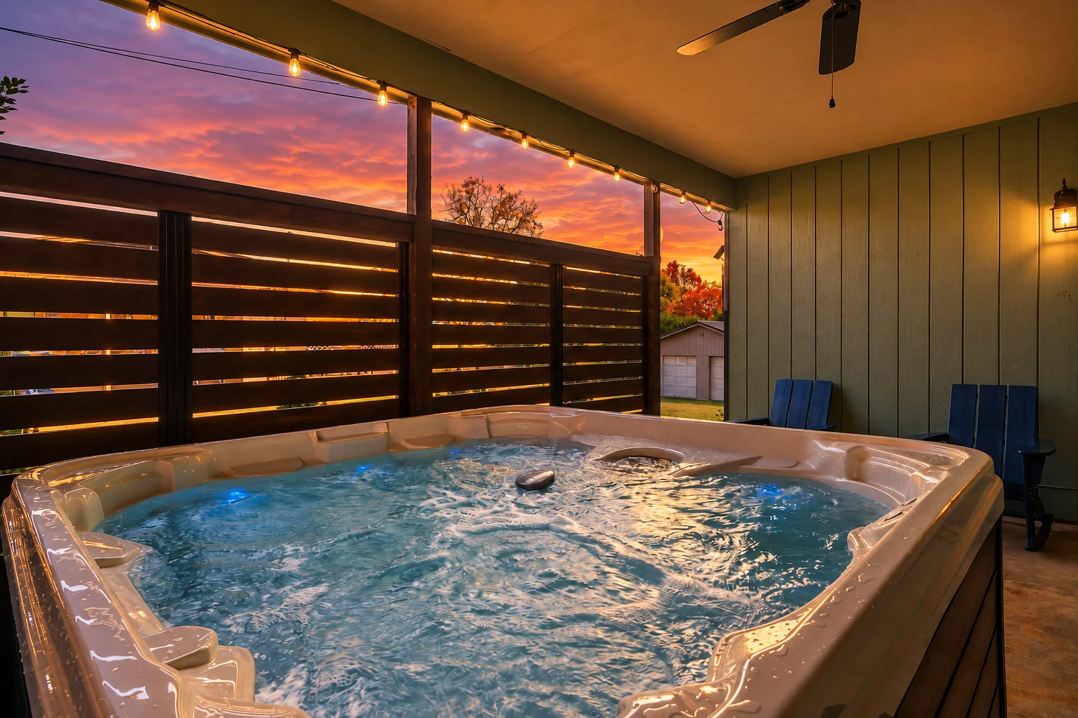 Indoor hot tub with illuminated blue water and olive-green walls at dusk in Luray VA