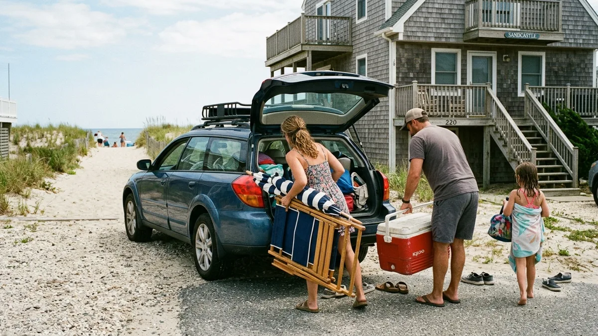 Family arriving at a Jersey Shore vacation rental with beach chairs, one of many Jersey Shore vacation spots