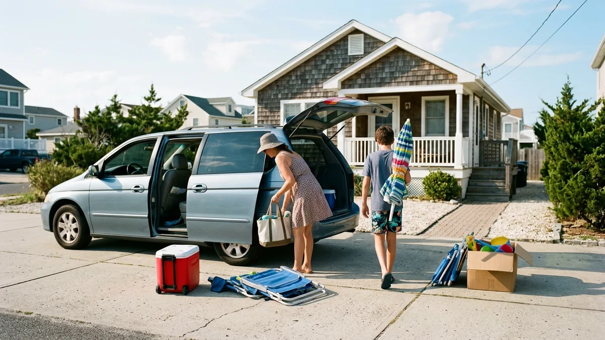 Family checking in to jersey shore vacation rentals with beach gear