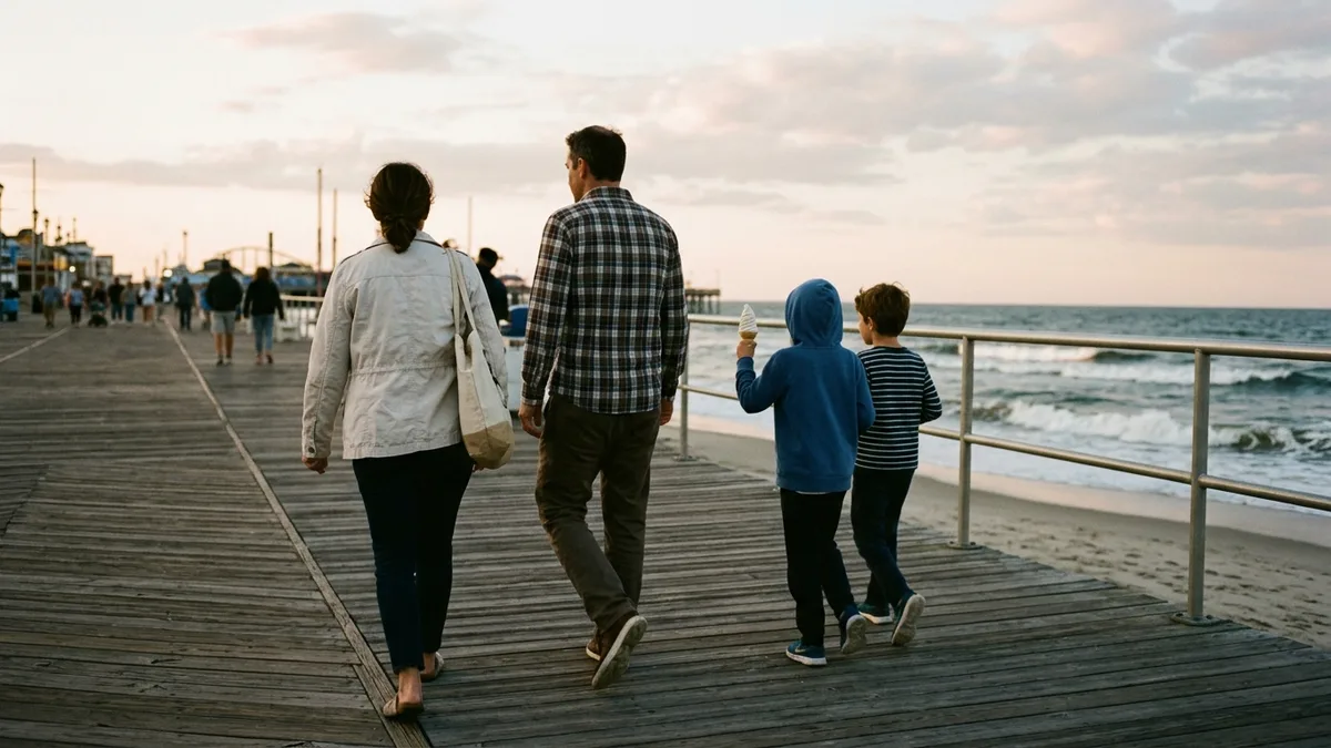 Family enjoying boardwalk foods at sunset on the Jersey Shore