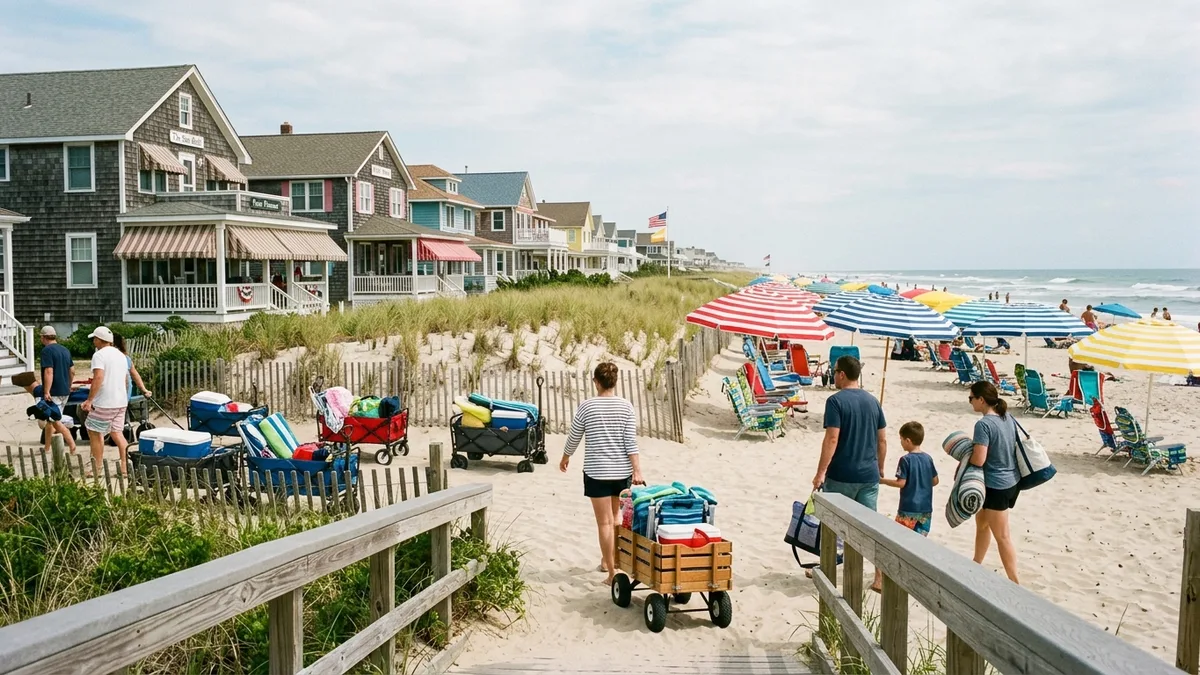 Jersey Shore beach block with beach wagons and shingled houses, a base for Bradley Beach restaurants