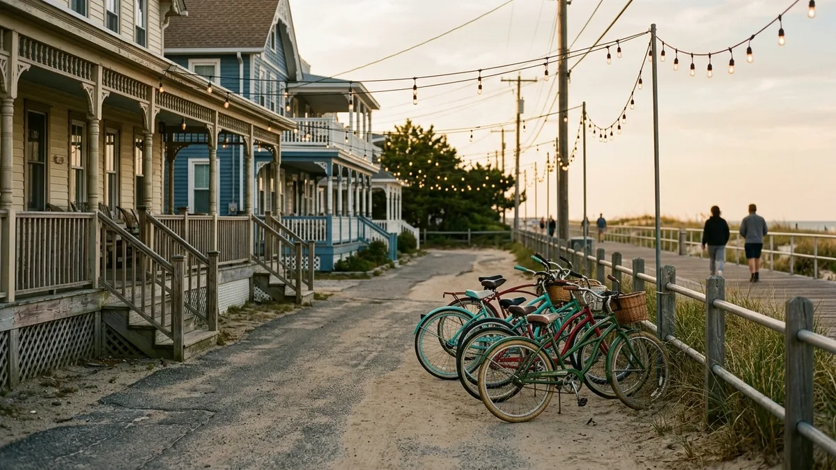 Golden hour view near the Asbury Park boardwalk with Victorian porches and beach cruiser bikes