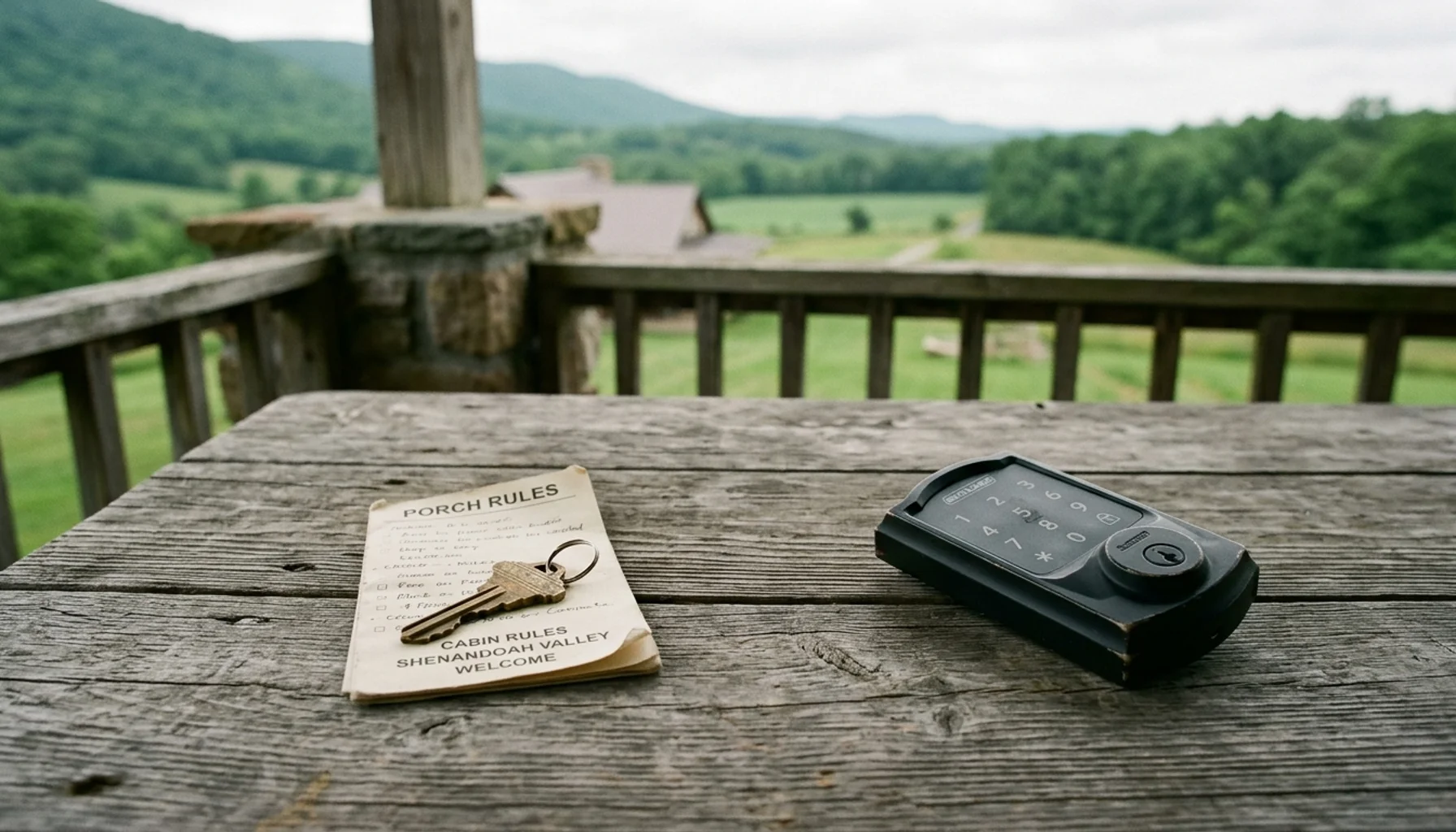 Brass key and smart lock keypad representing Airbnb co-hosting vs full service management in Shenandoah Valley