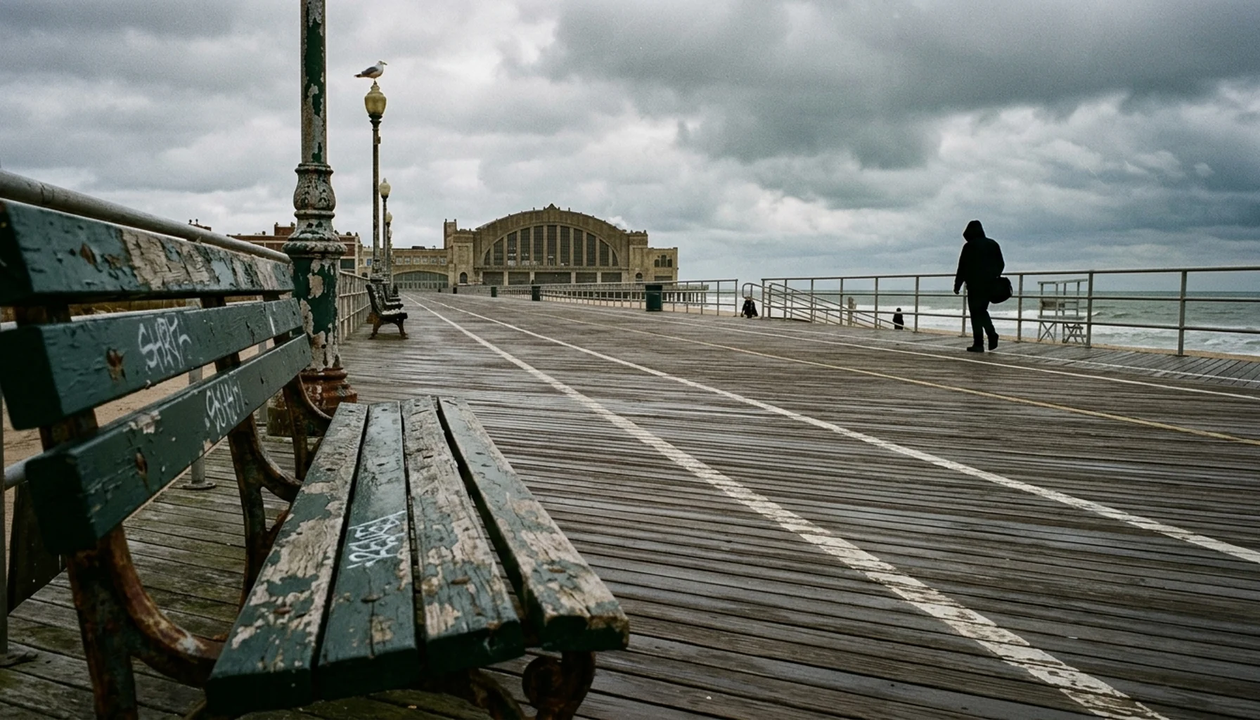 The Asbury Park boardwalk stretching toward historic Convention Hall on an overcast morning