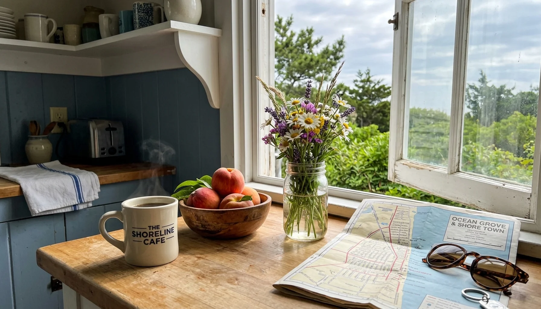 Bright Bradley Beach rental kitchen with coffee, peaches and a local map, ready for a morning out to try bradley beach restaurants