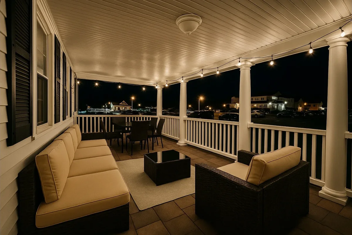 Covered front porch at a client home in Bradley Beach, NJ, lit with string lights at night