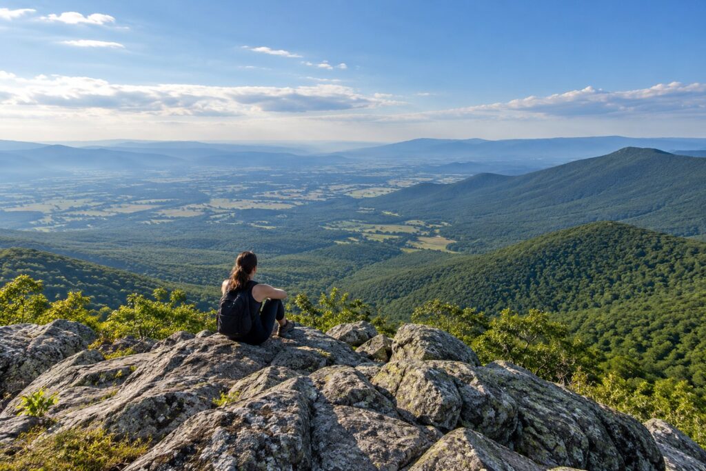 Hiker on a Blue Ridge outcrop above the Shenandoah Valley
