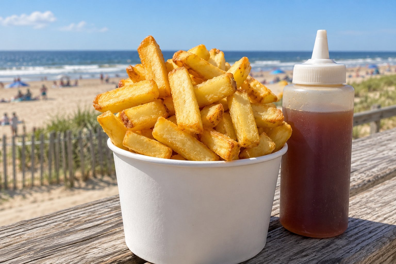 Cup of boardwalk fries on a railing by the beach