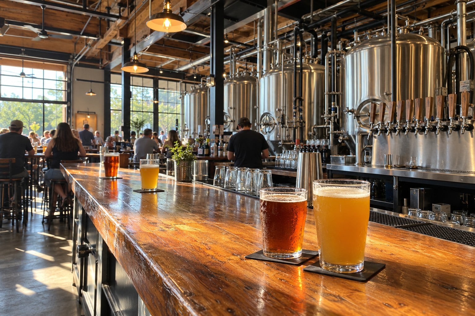 Craft brewery taproom with fermentation tanks