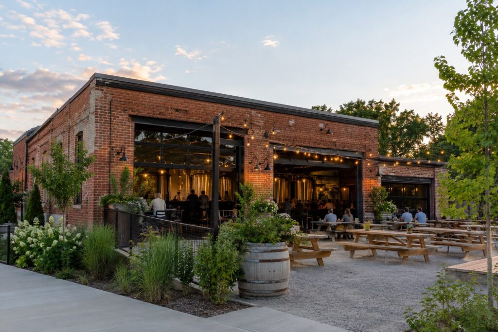Brick brewery with garage doors open