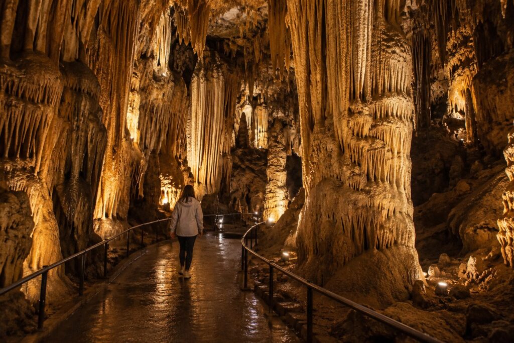Paved path between limestone columns in a cavern