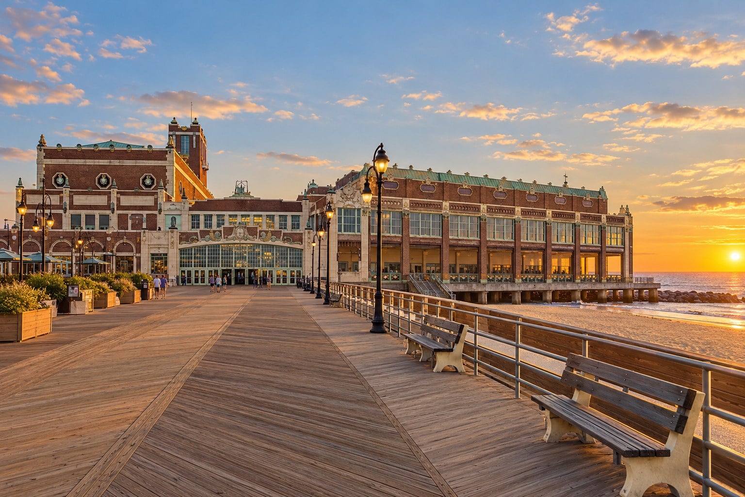 Asbury Park boardwalk and Convention Hall at golden hour