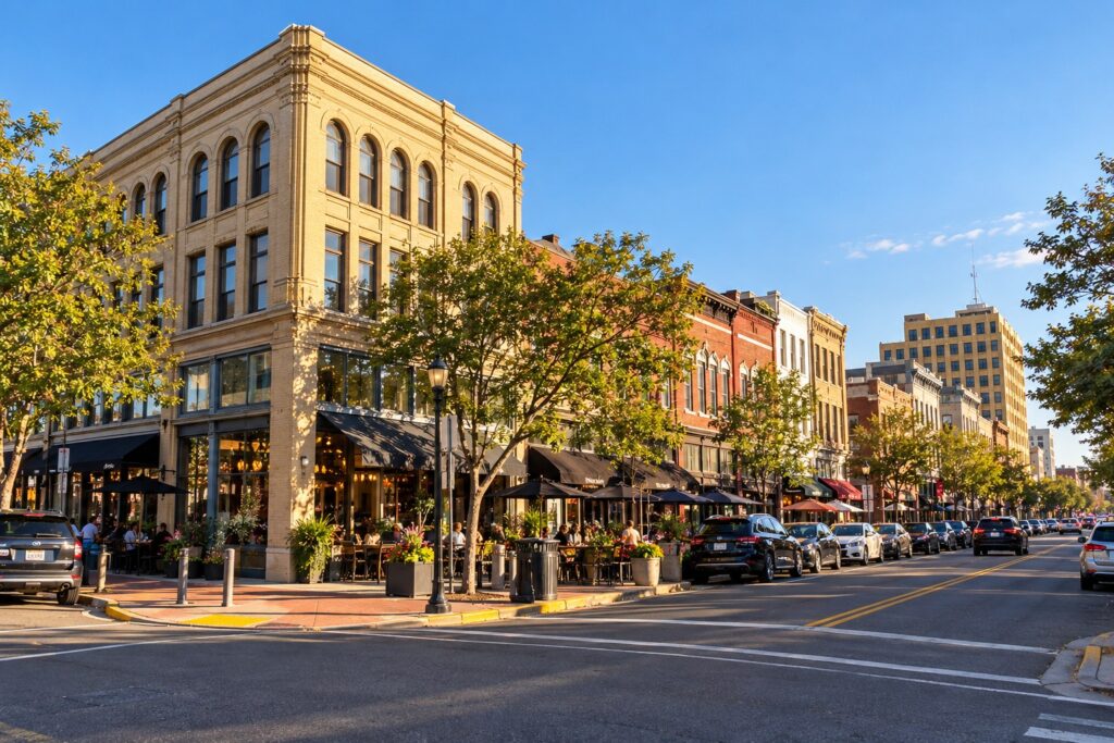 Brick storefronts and sidewalk cafes in downtown Asbury Park