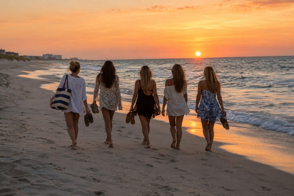 Group of friends walking a beach at sunset
