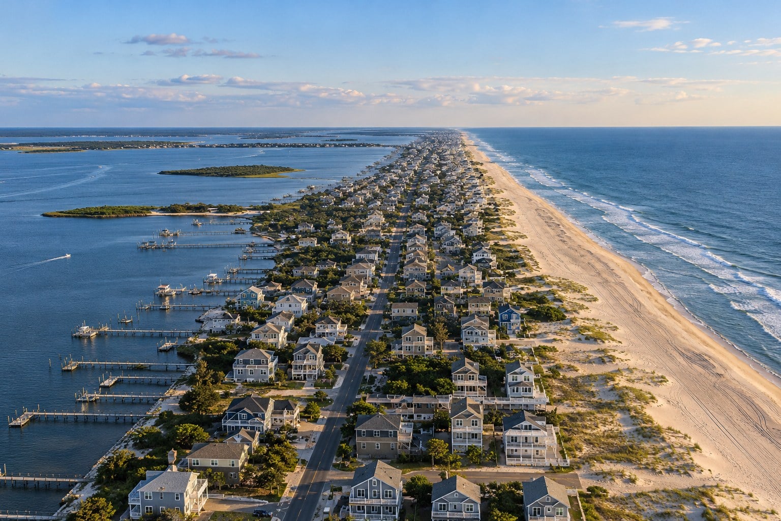 Aerial view of Long Beach Island between the ocean and Barnegat Bay