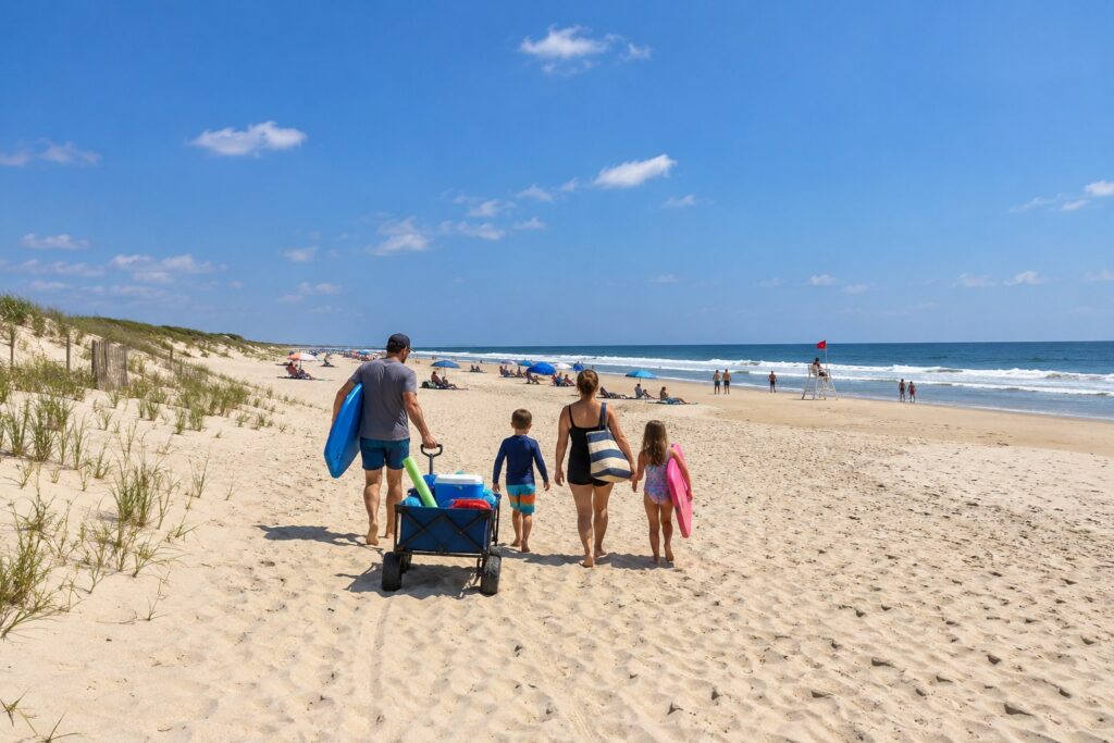 Family heading onto a Long Beach Island beach