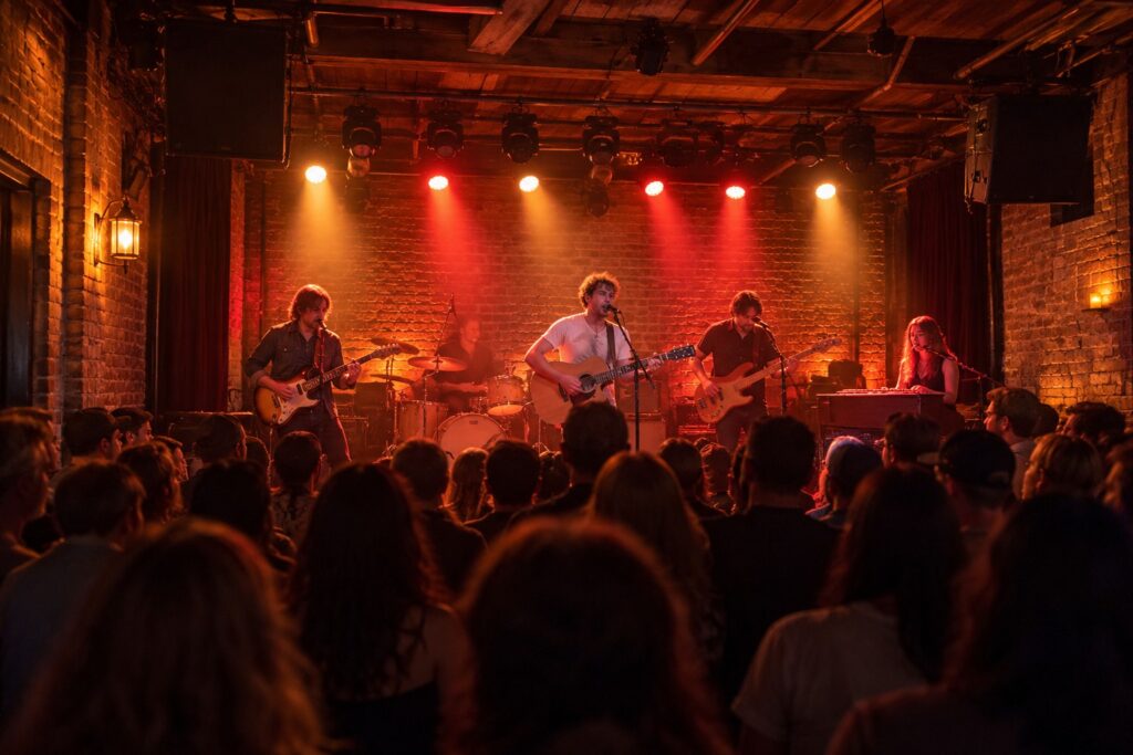 Band playing in a small brick-walled music club