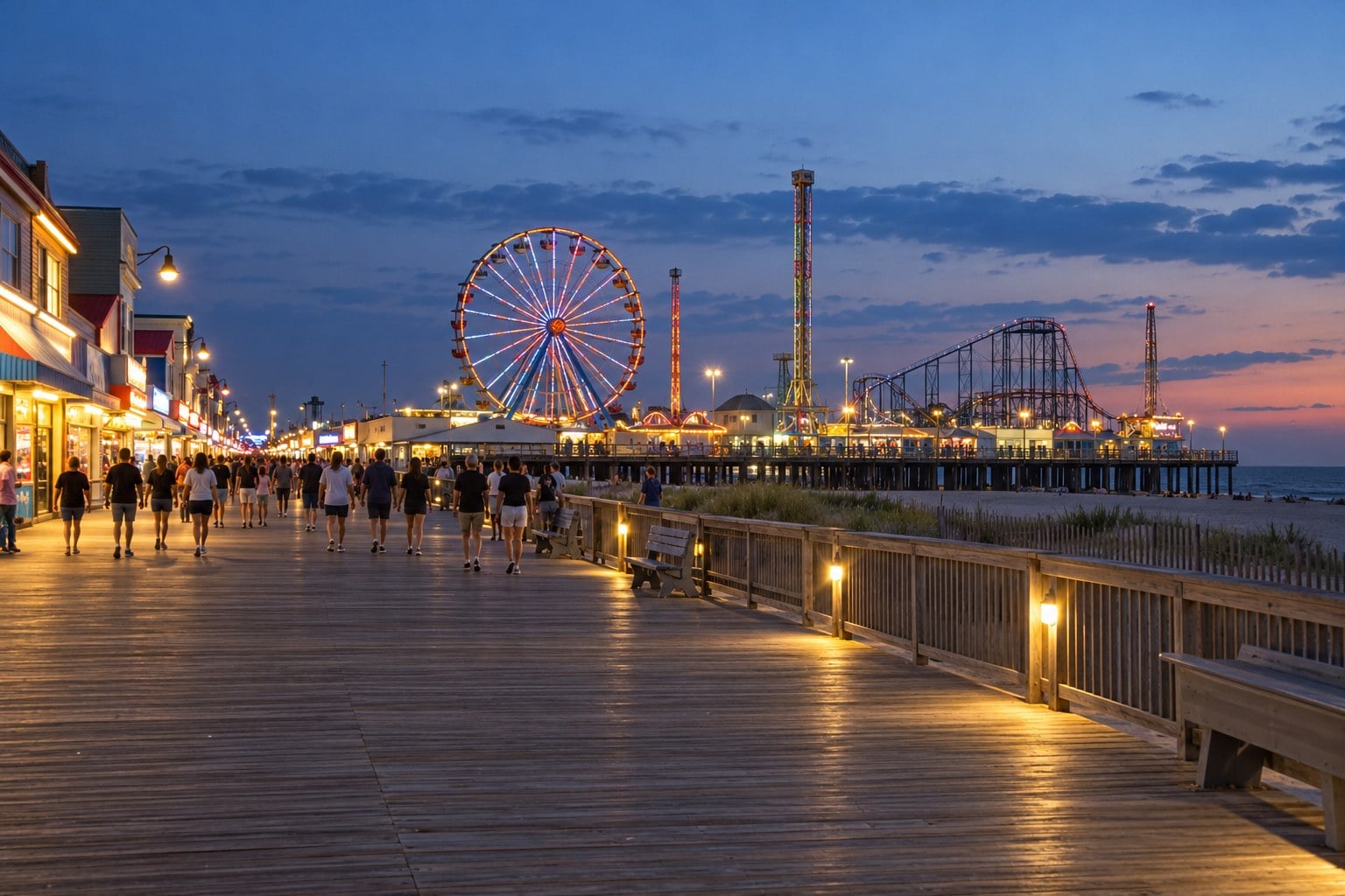 Seaside Heights boardwalk and amusement pier at dusk