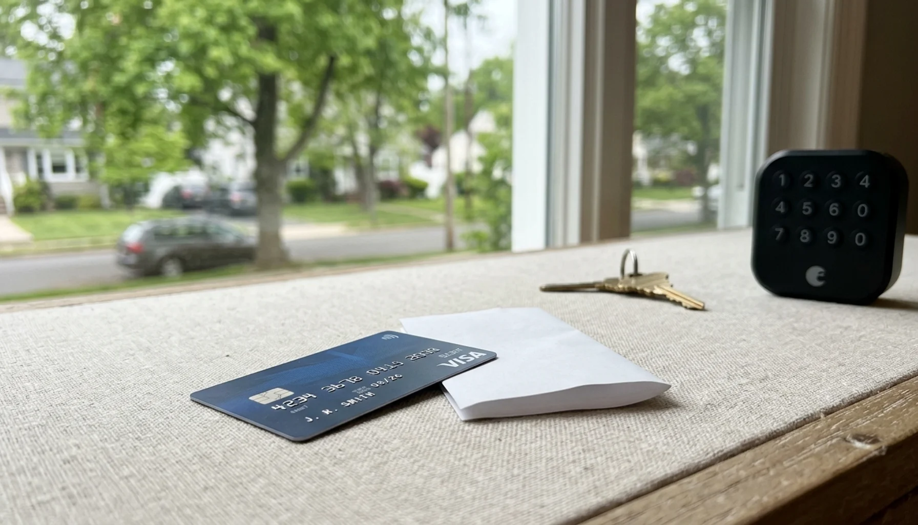 Debit card beside a folded blank receipt and smart lock keypad on linen, illustrating how much Airbnb co-hosting costs in NJ