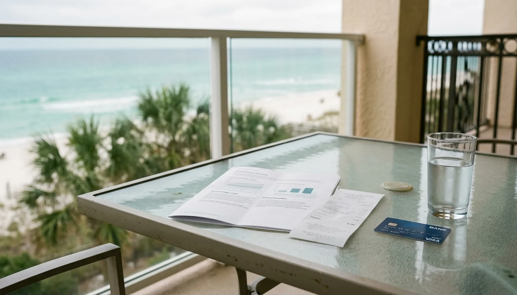 Folded fee document and receipt beside a card, representing STR management cost breakdown in Panama City Beach